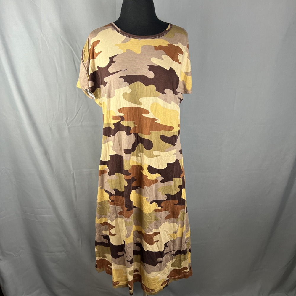 Lularoe Maxi Dress Womens XL Multicolor Camouflage Cap Sleeve Crew Neck Casual